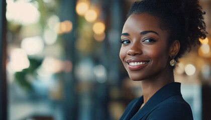 Obraz premium A confident woman smiling softly in a stylish setting, radiating positivity and warmth. Ideal for business or lifestyle themes.
