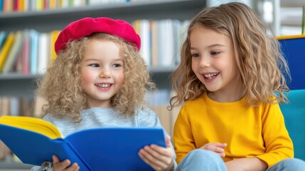 Two little girls sitting on a bench reading books together, AI