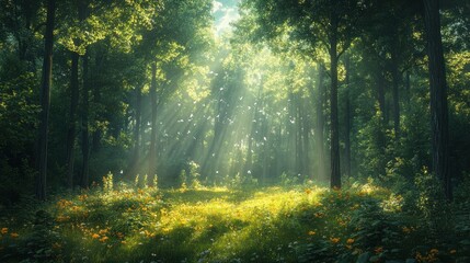 Sunlight filters through trees in a serene forest landscape.