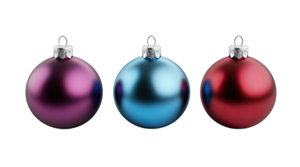 Three colorful Christmas ornaments isolated on a white background.