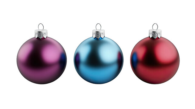 Three colorful Christmas ornaments isolated on a white background.