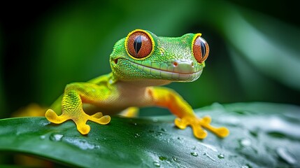Close-up Portrait of a Green Gecko on a Leaf