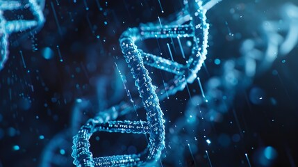 Digital Blueprint Overlay on DNA Strand Synthesis Illustrating Encoding Process