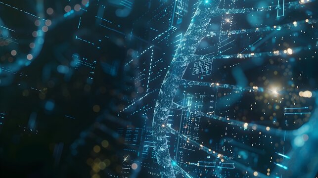 Precise DNA Strand Encoding Process Visualized with Digital Blueprint Overlay