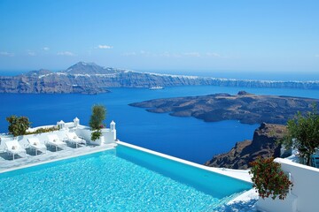 Breathtaking Santorini view with infinity pool overlooking the Aegean Sea