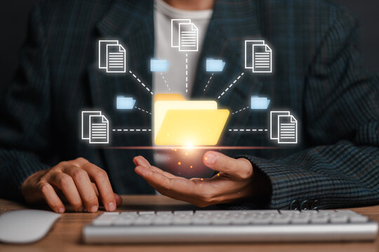 Visual representation of a digital document management system with virtual folders and files, highlighting efficient organization and storage.