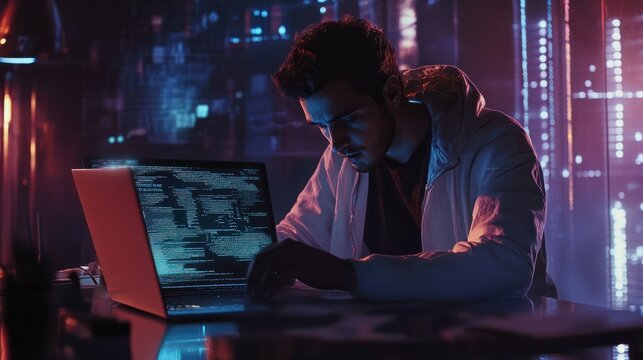 Dedicated programmer engaging in software development with java script code on laptop screen, embracing iot and digital technology innovations
