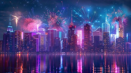 Vibrant Neon City Skyline Ablaze with Celebratory Fireworks Display
