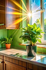 Sunlit room with a vibrant green potted plant.