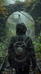 Obraz premium Mysterious Foggy Forest Path with a Backpacker