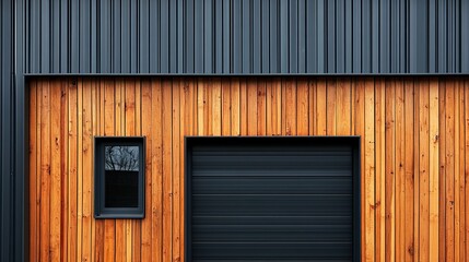 Modern Exterior with Wood Siding and Black Garage Door and Window