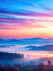 Obraz premium Misty mountain landscape under a colorful sunrise.