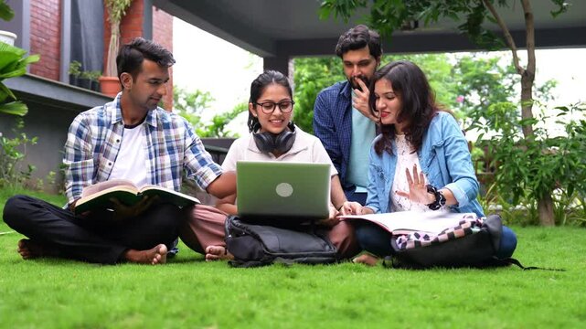 A group of Indian students and friends dressed in stylish western outfits gather on the green lawns of the campus,discussing study materials and collaborating on their notes with enthusiasm