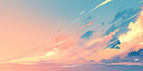 Sunset anime sky background, cartoon style blue skies white clouds, cloudscape, skyscape illustration wallpaper, generated ai