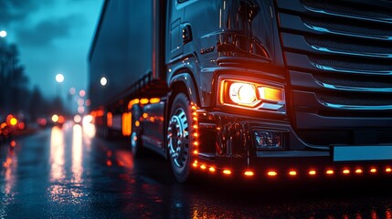 Black Semi-Truck Cab Illuminated by Headlights and Side Lights at Night