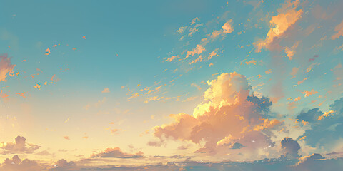 Sunset anime sky background, cartoon style blue skies white clouds, cloudscape, skyscape illustration wallpaper, generated ai
