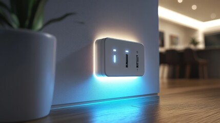 Wi-Fi smart socket plugged into a sleek modern outlet, glowing white with subtle holographic lights displaying connected devices, Illustration, Clean lines, Tech-focused