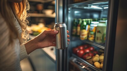 Woman's Hand Holding a Cold Can of Beverage with Condensation in Front of an Open Refrigerator