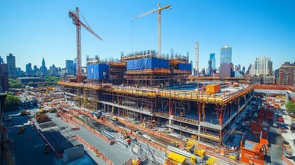 Wide-angle view of a large construction zone, with canvas-covered scaffolding towering over, bright construction signage and cranes in the distance