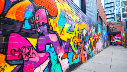 Obraz premium A graffiti-covered urban wall, showcasing vibrant colors, bold lines, and an edgy, artistic vibe