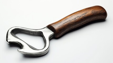 Wooden-handled bottle opener with a classic design, white background, light natural shadows, extra negative space on top and bottom for text, realistic