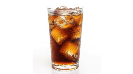  A refreshing drink placed on a pure white background. The drink has an enticing color and an appealing shape. There might be condensation on the glass, adding a touch of freshness. The white backgrou