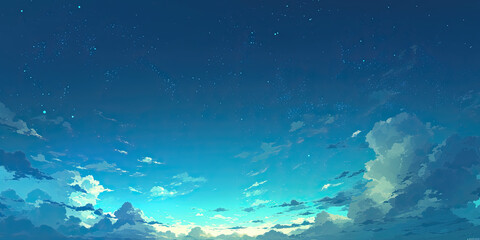 Obraz premium Blue hour anime sky background, stars cartoon style blue skies white clouds, cloudscape, night skyscape illustration wallpaper, generated ai