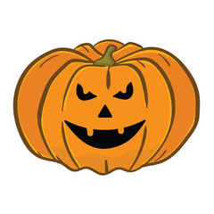 Vector icon for a laughing Jack-O'-Lantern with a joyful expression. Hand-drawn orange pumpkin with a playful, toothy grin, ideal for festive Halloween themes.