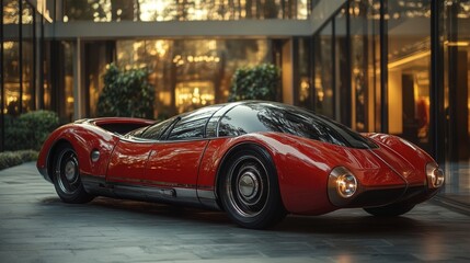 Fototapeta premium Red Retro Sports Car in Front of Modern Building