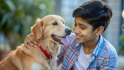 Obraz na płótnie Canvas Happy Indian Teen Boy Playing with Pet 