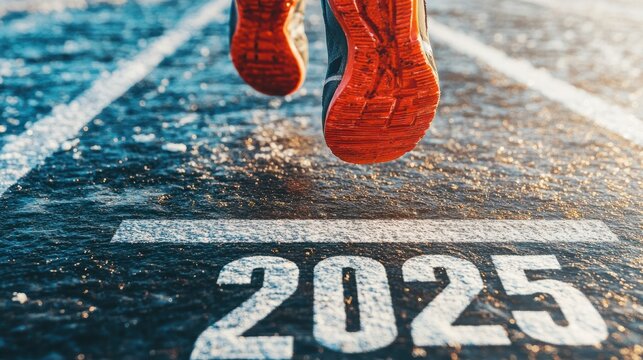Happy New Year 2025. A fresh start for 2025 depicted by a runner taking off from a starting line marked with "2025" on a straight