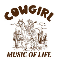 Cowgirl playing guitar while riding a horse