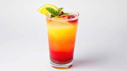  A refreshing drink placed on a pure white background. The drink has an enticing color and an appealing shape. There might be condensation on the glass, adding a touch of freshness. The white backgrou