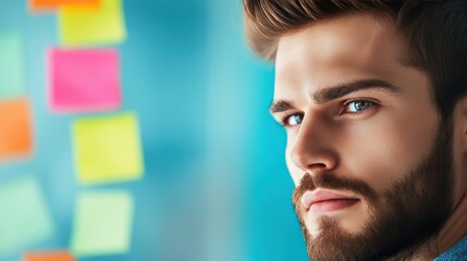 A group of colleagues in casual attire brainstorm ideas, using a whiteboard and colorful sticky notes to visualize their thoughts.