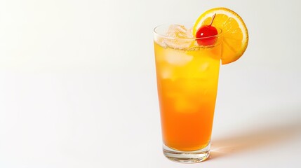 Fototapeta premium A refreshing drink placed on a pure white background. The drink has an enticing color and an appealing shape. There might be condensation on the glass, adding a touch of freshness. The white backgrou