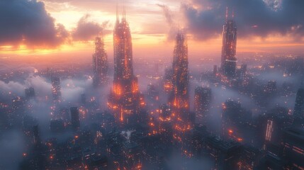 Fototapeta premium Futuristic Cityscape at Sunset with Fog