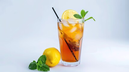 Fototapeta premium A refreshing drink placed on a pure white background. The drink has an enticing color and an appealing shape. There might be condensation on the glass, adding a touch of freshness. The white backgrou
