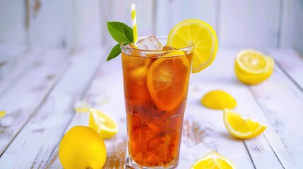 Fototapeta premium A refreshing drink placed on a pure white background. The drink has an enticing color and an appealing shape. There might be condensation on the glass, adding a touch of freshness. The white backgrou