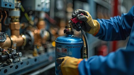 A gloved hand connecting a hose to a blue gas cylinder.
