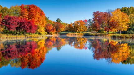 Obraz premium Vibrant autumn landscape reflecting colorful trees by a serene lake under a clear blue sky