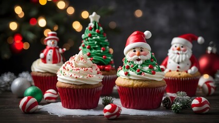 Festive Christmas Cupcakes Decorated With Santa, Snowman, and Tree in a Cozy Holiday Setting
