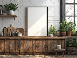 Blank picture frame in rustic kitchen with wooden counters and potted plants.
