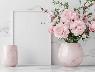 Blank picture frame with pink peonies in marble vases on white background.