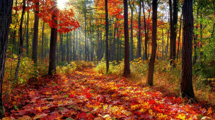 Vibrant autumn forest with colorful foliage and sun shining through trees, creating a serene walking path covered in fallen leaves