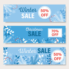 Set of Christmas holiday banners for winter sale. Blue holiday backgrounds with snowy landscape.