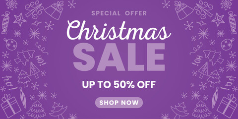 Purple Christmas banner with Christmas sale sign with 50% discount.