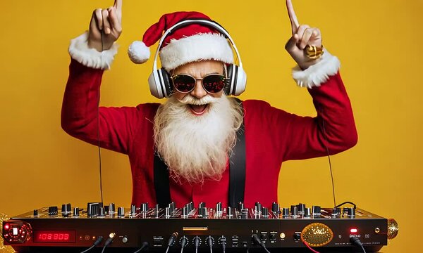 santa claus playing a music with dj. dj is playing dj. dj dj in the studio. santa dj is dancing and dj on the track
