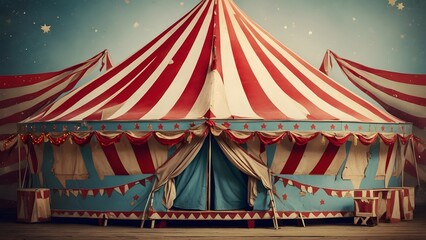 Brightly Striped Circus Tent Stands on Wooden Platform Beneath a Clear Sky at Sunset, Inviting Joyful Gatherings