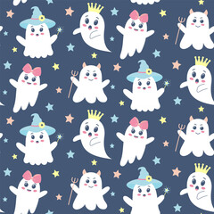 Cute ghosts seamless pattern. Halloween background. Spooky baby characters with different emotions on dark blue background.
