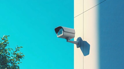 Security Camera Mounted on a Wall with a Blue Sky Background